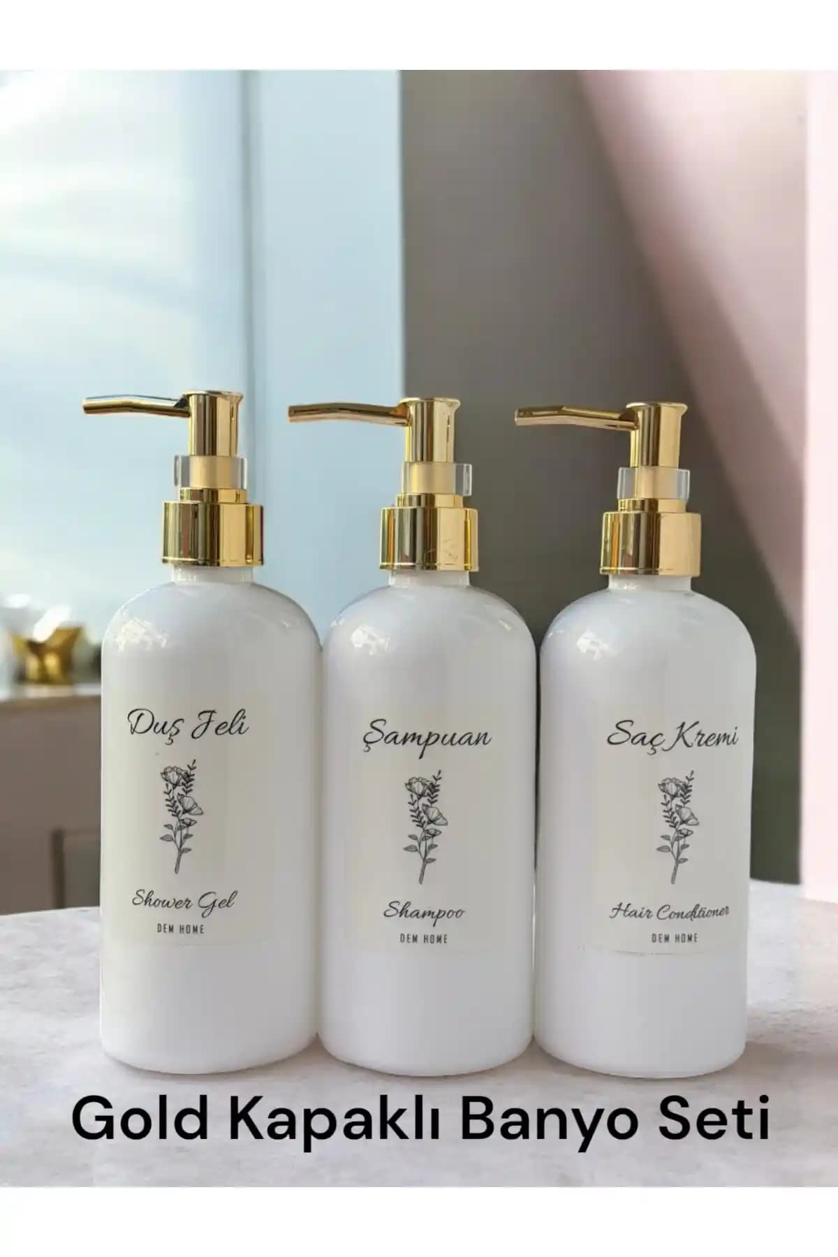 Dem Home Gold Kapaklı Beyaz Plastik Şişe 3’lü Banyo Seti ile Estetik ve İşlevsellik