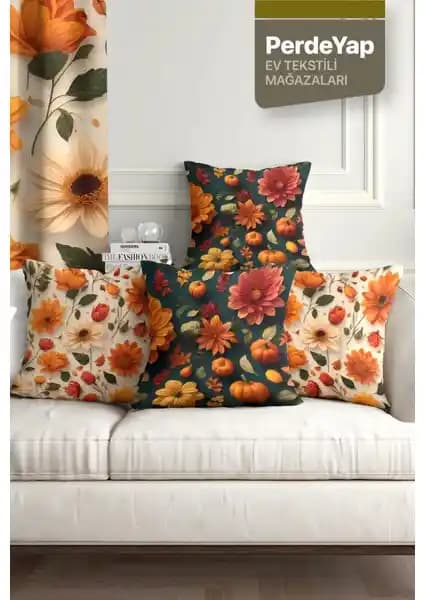 PerdeYap Bal Kabağı ve Çiçek Desenli 4'lü Dijital Baskılı Kırlent Kılıfı Seti