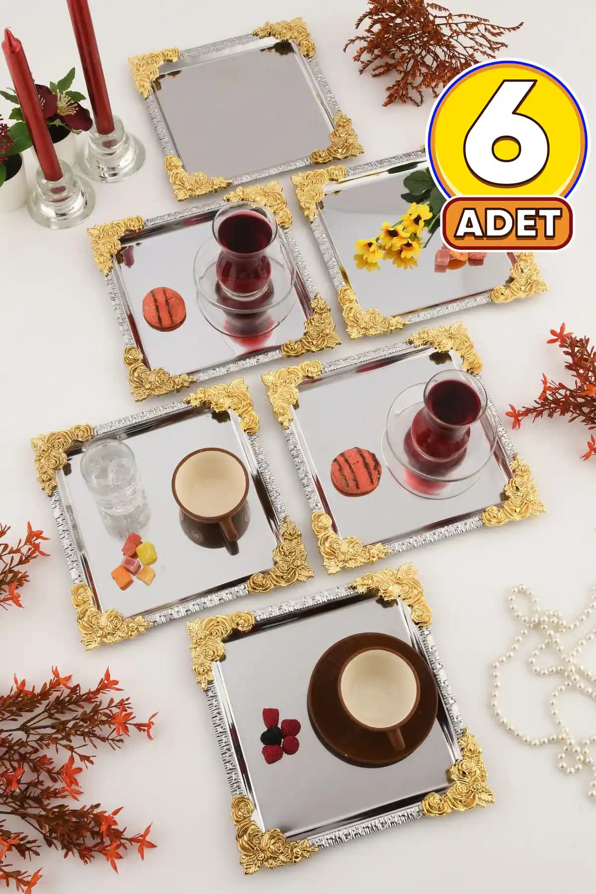 AKSESUAR EVRENİ ALVE Gümüş Gold Çerçeveli Paslanmaz Kare Sunumluk Tepsi Özellikleri ve Kullanım Alanları