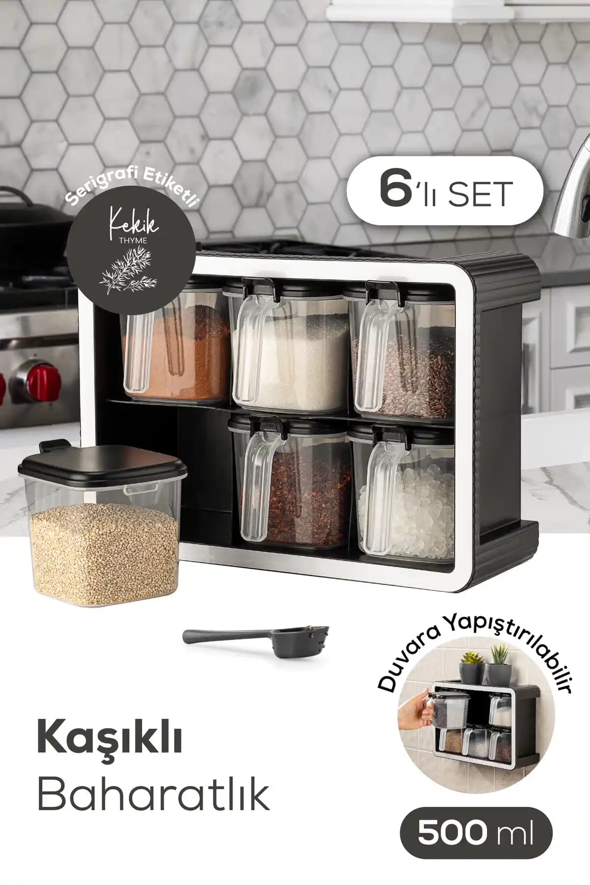 Vienev Beyaz Serigrafi Etiketli 6'lı 500 ml Baharatlık Seti Modern ve Pratik Tasarım