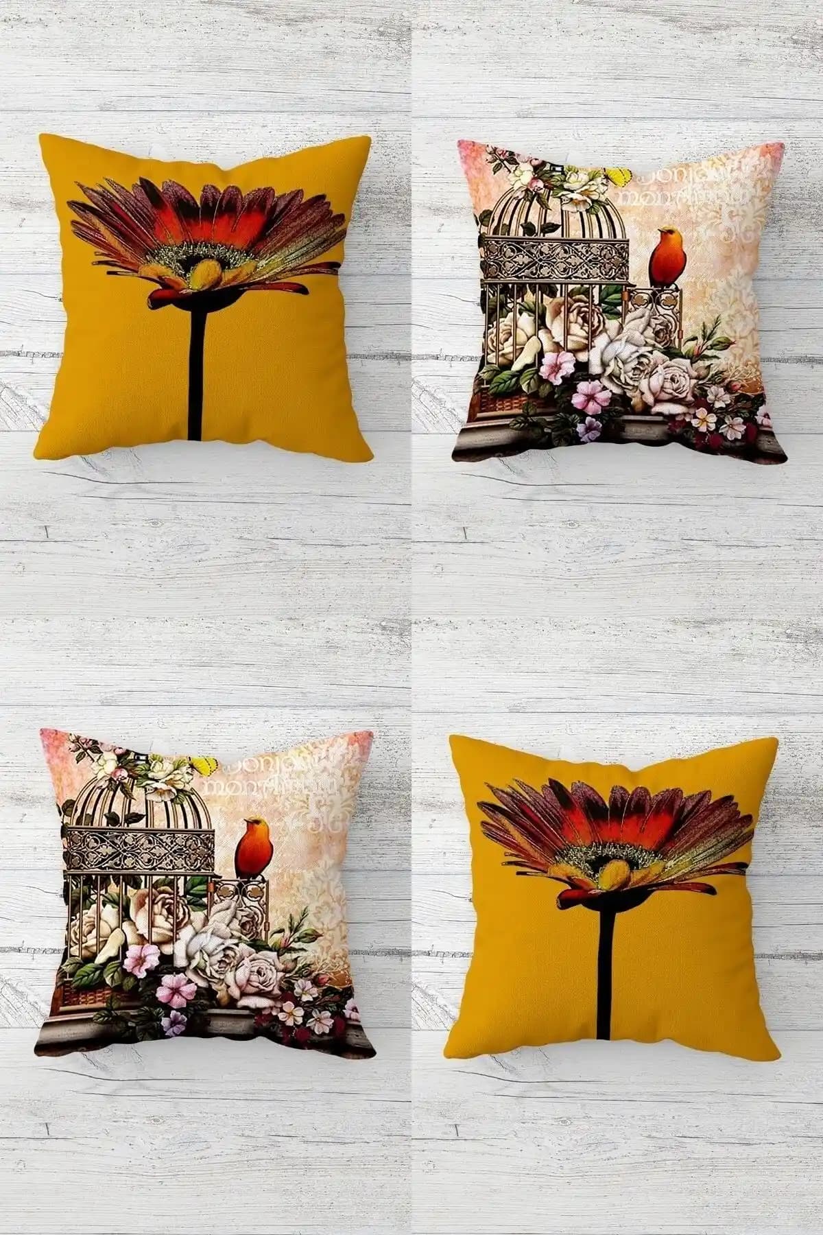 On the Clouds Turuncu Papatya ve Kuş Kafesi Vintage Kırlent Kılıfı Dekorasyon Seti