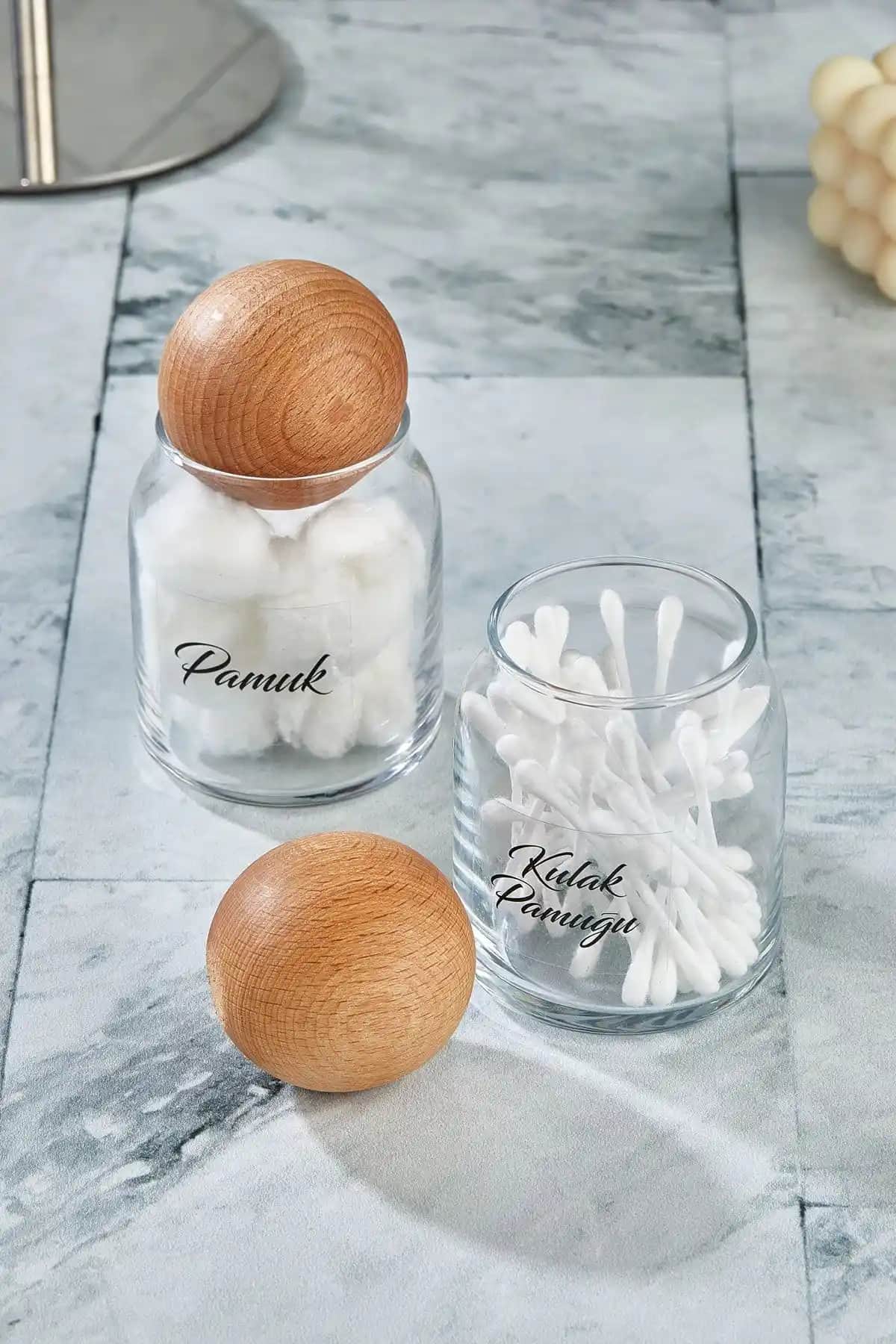 FBZhome 2'li Cam Top Kapaklı Kulak Pamuğu ve Pamuk Seti Modern Banyo Aksesuarları