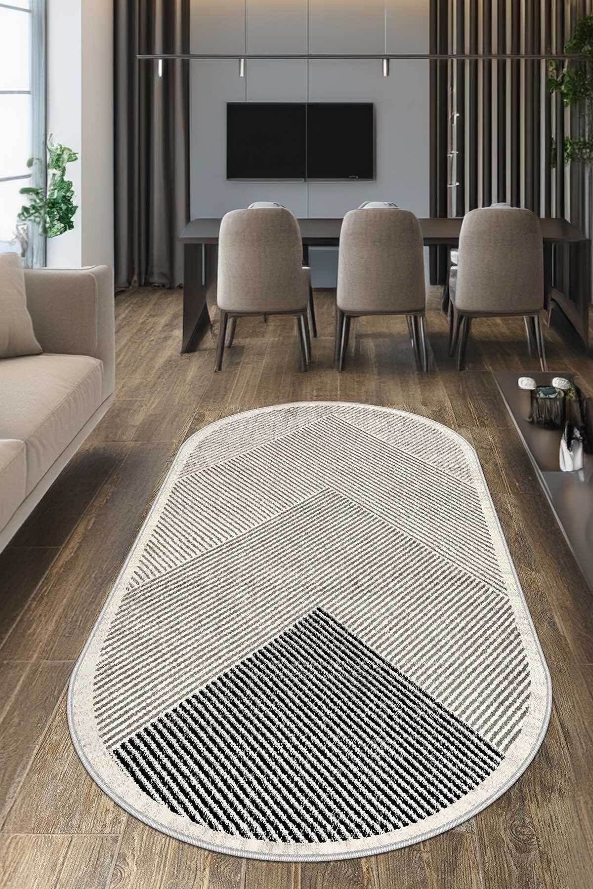 Decomia Home Dijital Kaymaz Yıkanabilir Oval Modern Salon Halısı Mutfak Halısı Yolluk Balkon Halısı Ev Dekor