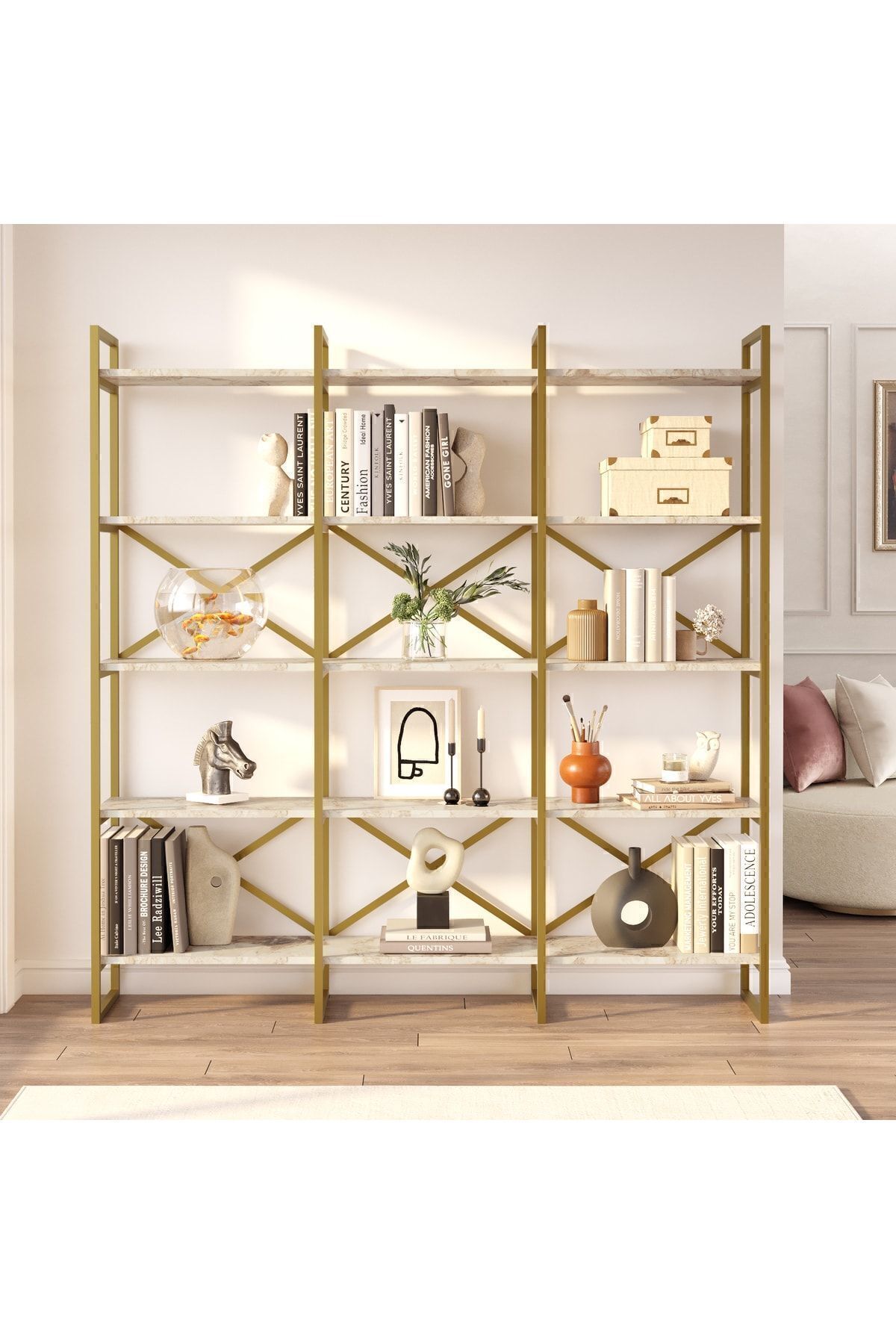 Yurudesign Voyage Gold Metal Kitaplık 5 Raflı Geniş 3 Bölme 175cm Mermer Desen Vg6-ge