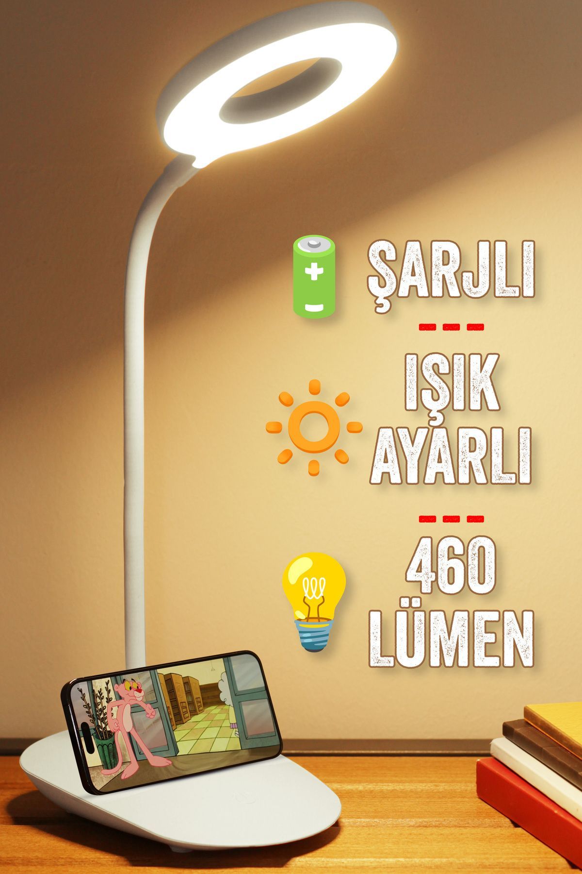 Telvesse Şarjlı Masa Lambası Dokunmatik 3 Renk 24 Led Telefon Standlı Kademeli Çalışma Okuma Işığı